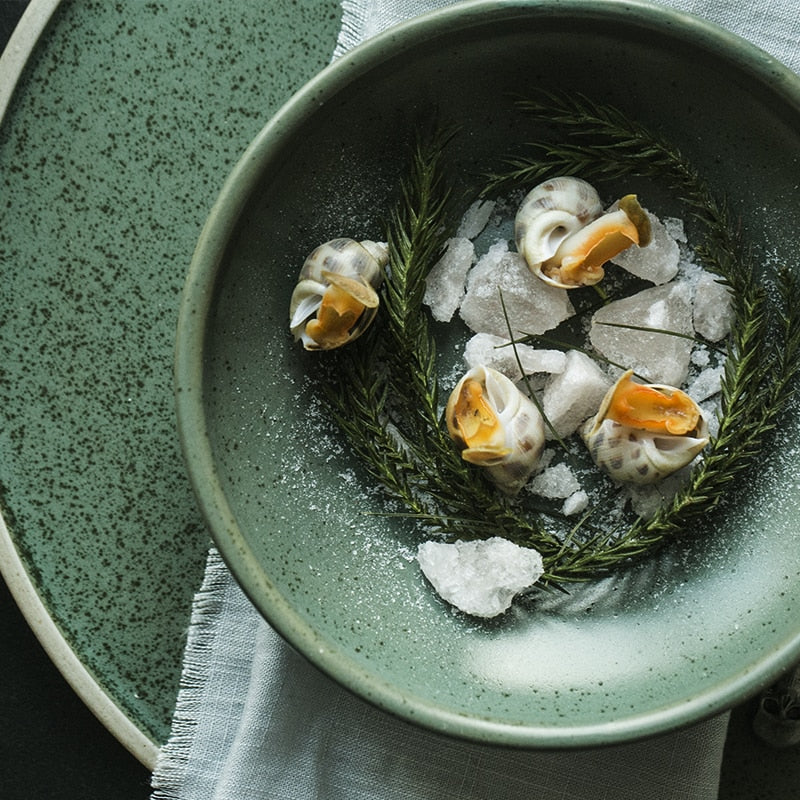 round ceramic green plate and bowl