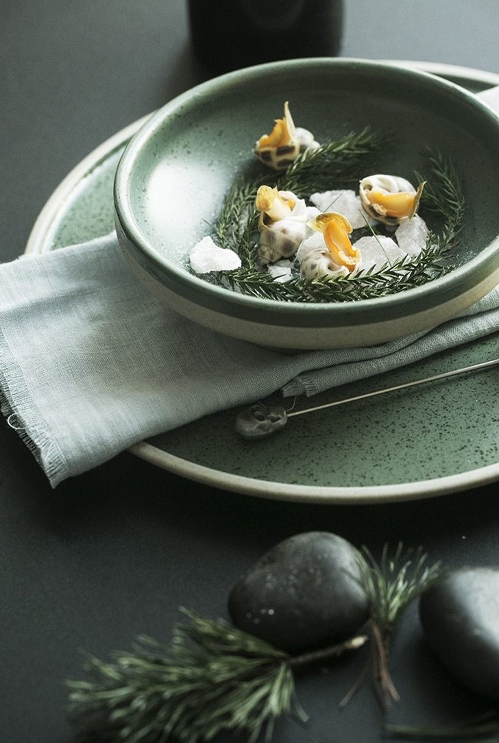 round ceramic green plate and bowl