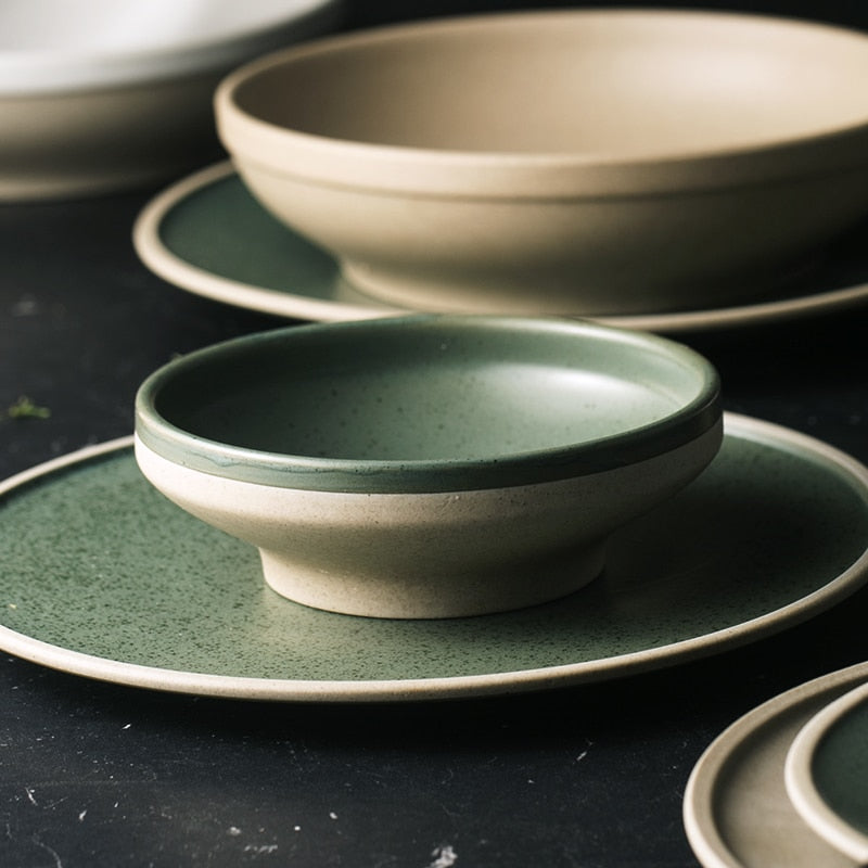 round ceramic green plate and bowl
