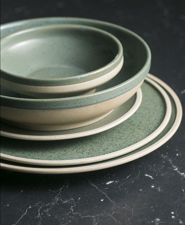 round ceramic green plate and bowl