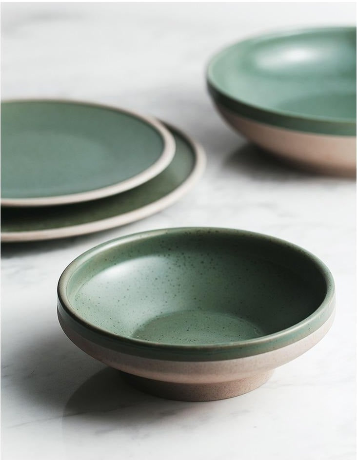 round ceramic green plate and bowl