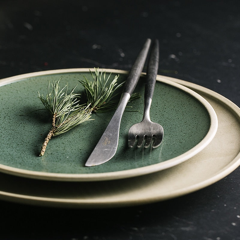 round ceramic green plate and bowl