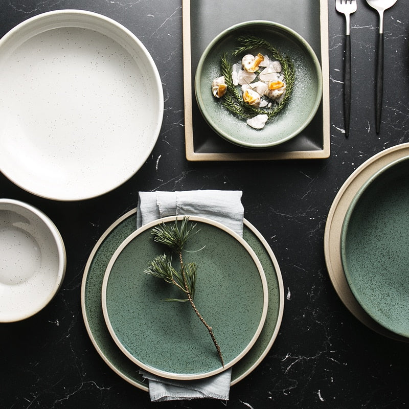 round ceramic green plate and bowl