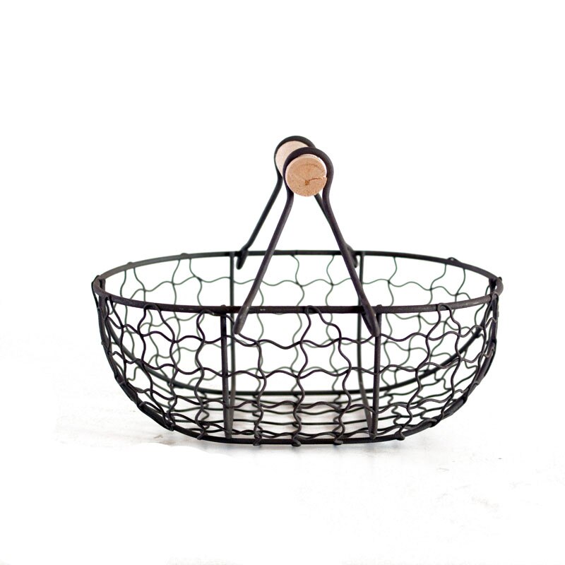rectangle webbed wrought iron basket with wooden handle