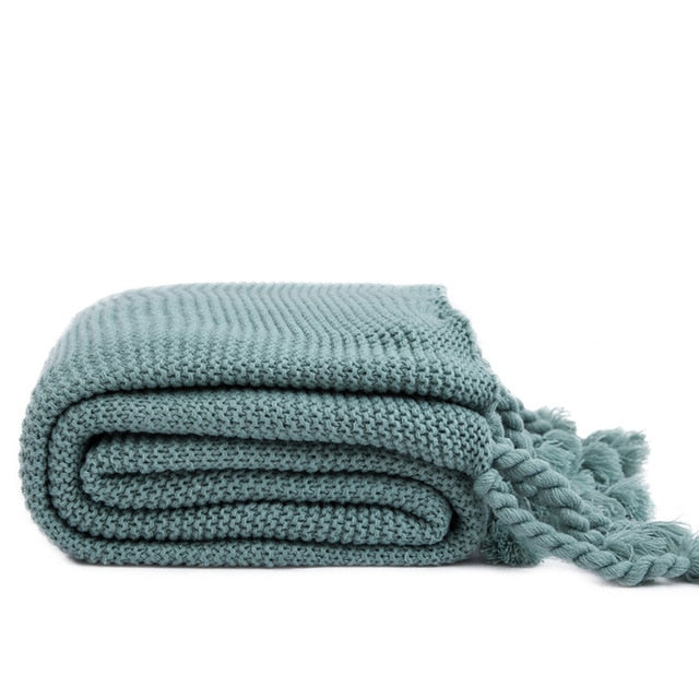 rectangle plaid knitted blanket with tassel