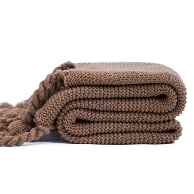 rectangle plaid knitted blanket with tassel