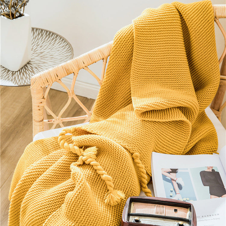 rectangle plaid knitted blanket with tassel