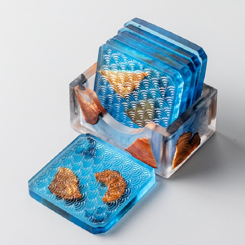 Square Blue Encased Pine Textured Coaster