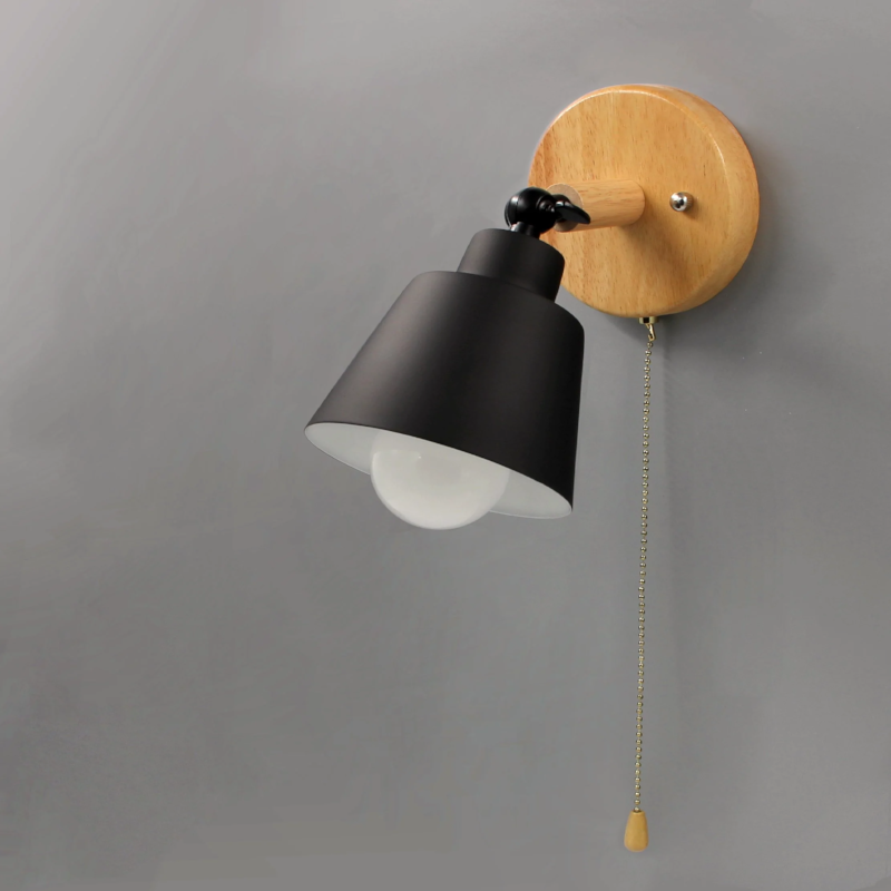Rotating Cone Shape Wall Sconce in Wood and Metal black with pull chain switch