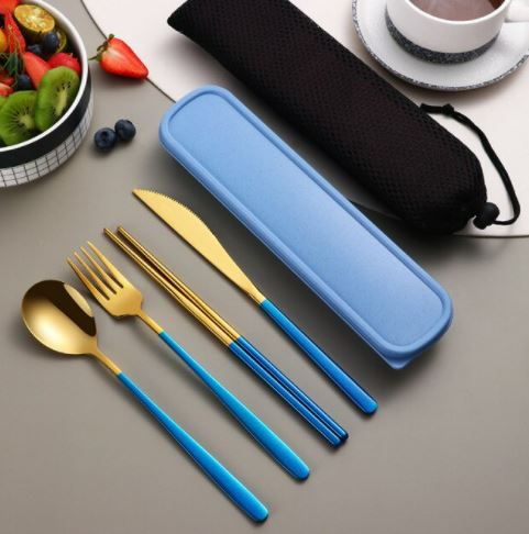 Stainless Steel Mirror Polish Easy Grip Dinnerware Azure Blue