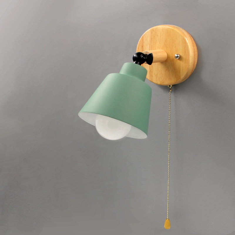 Rotating Cone Shape Wall Sconce in Wood and Metal green with pull chain switch