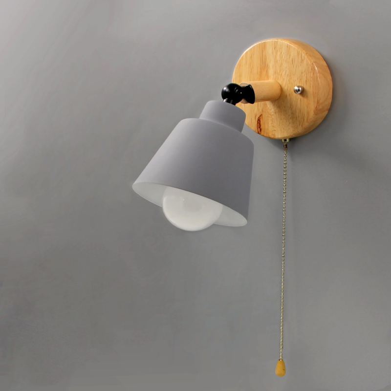 Rotating Cone Shape Wall Sconce in Wood and Metal Grey with pull chain switch