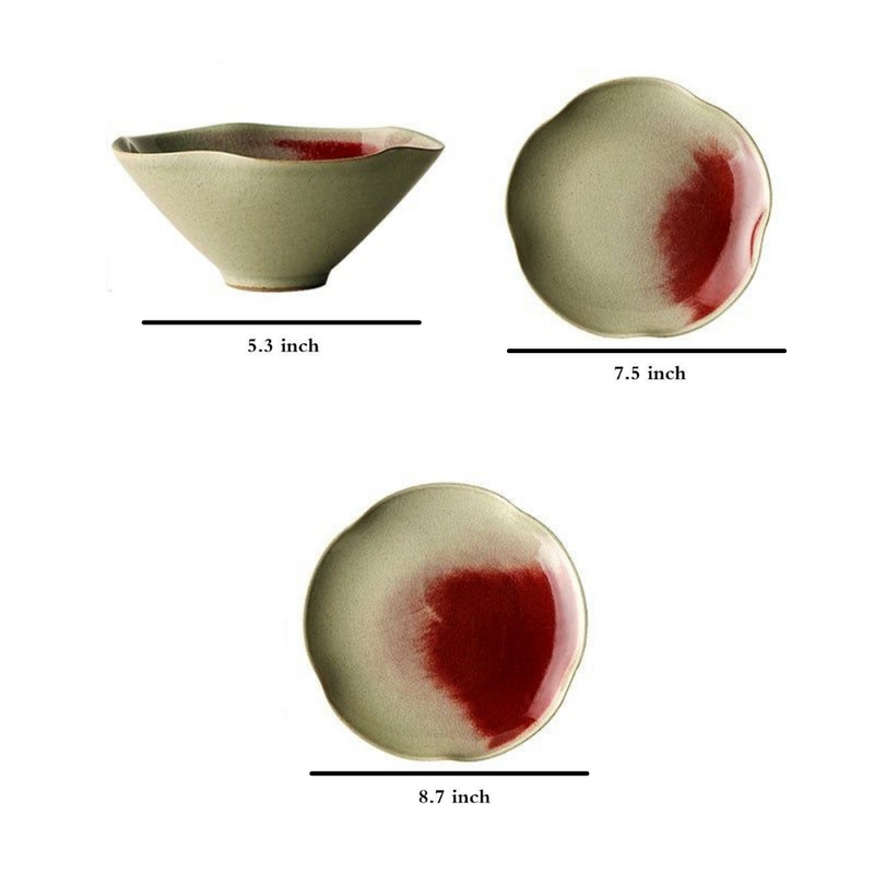 Japanese Style Handmade Ceramic Red Dye-Stained Petal-Shaped Plate Bowl