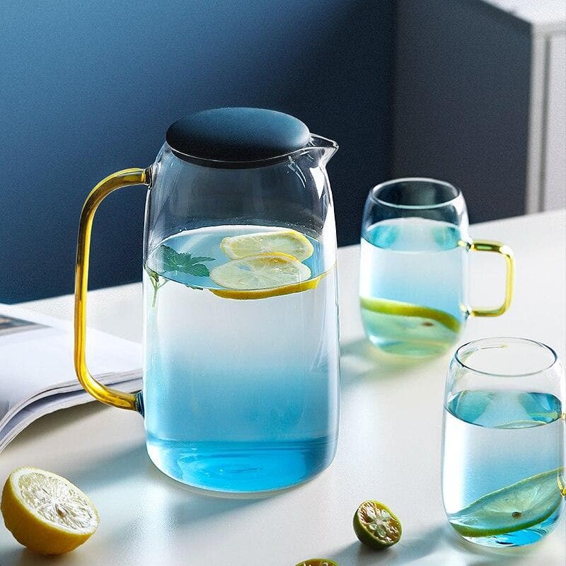 Gradient blue Borosilicate glass with gold handles pitcher and cups