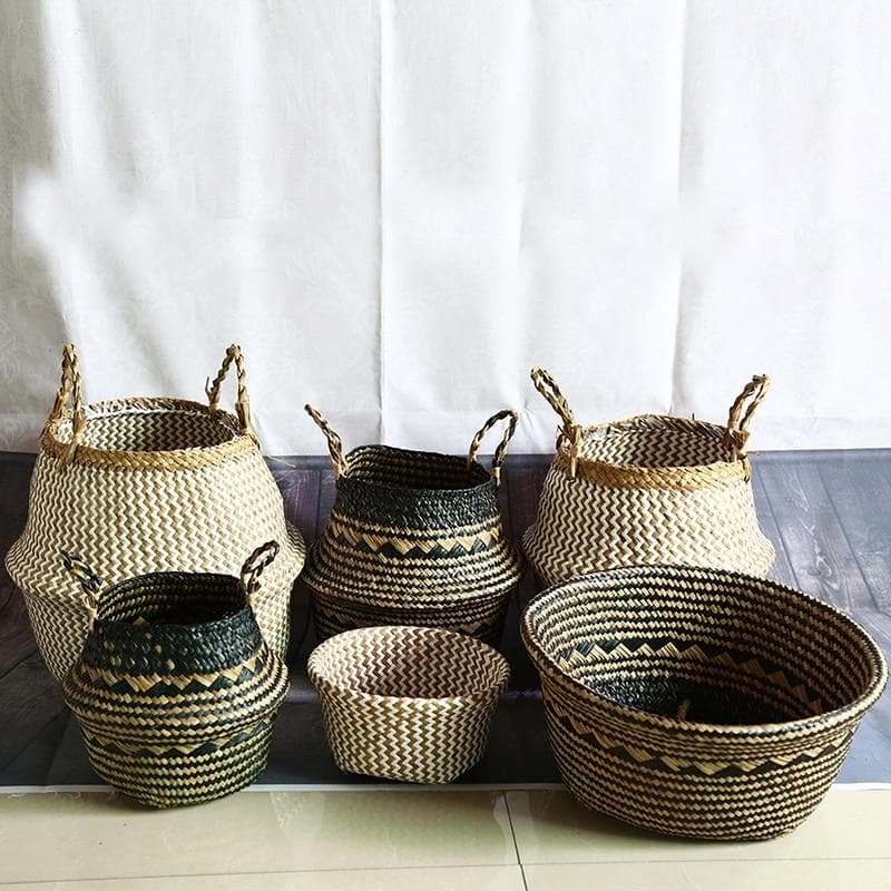 Handwoven natural seagrass storage baskets with handles