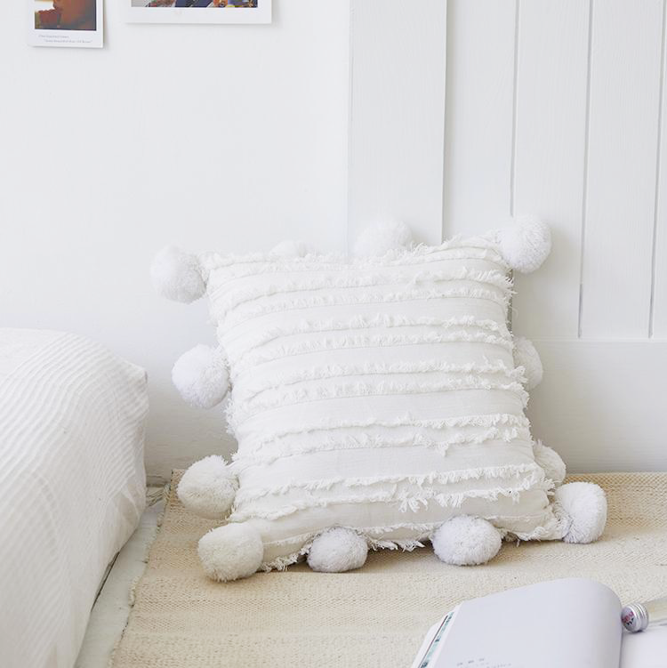 white 18x18 inch cotton cushion covers with pom poms 