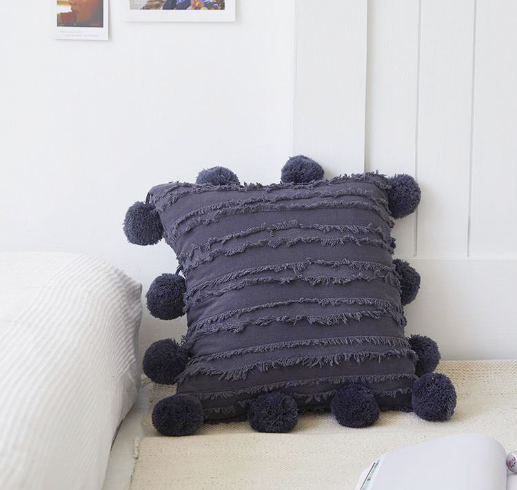 carbon grey 18x18 inch cotton cushion covers with pom poms 