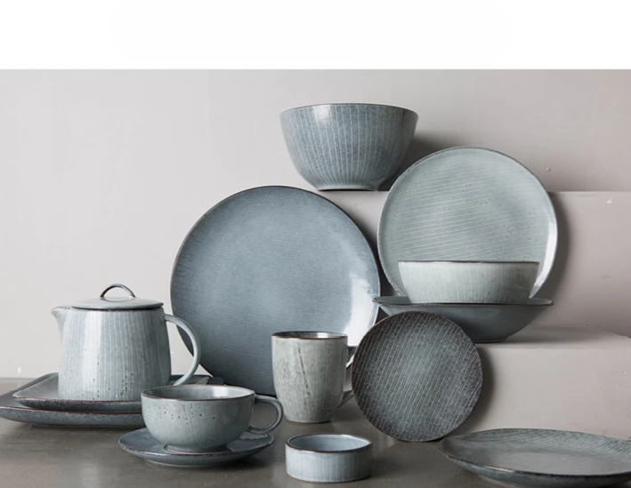 Grey silver blue stripe pattern porcelain ceramic plates bowls cups