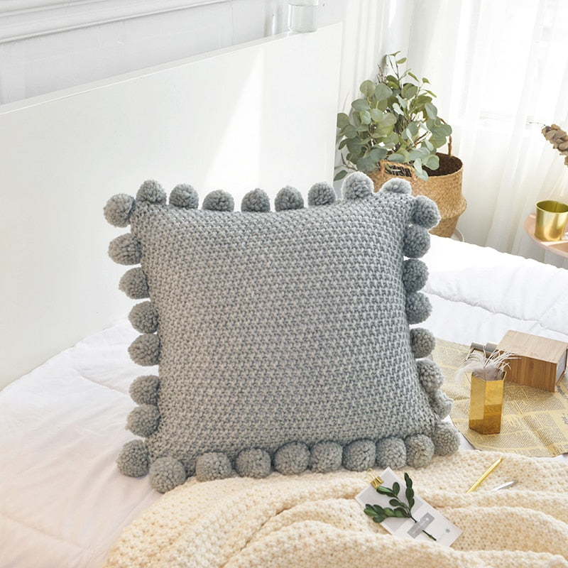 gray  cotton knitted cushion cover with pompom edges