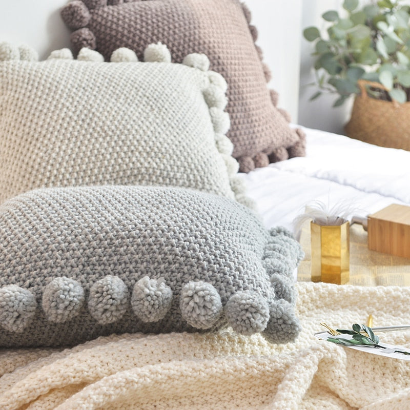 gray green brown cotton knitted cushion cover with pompom edges