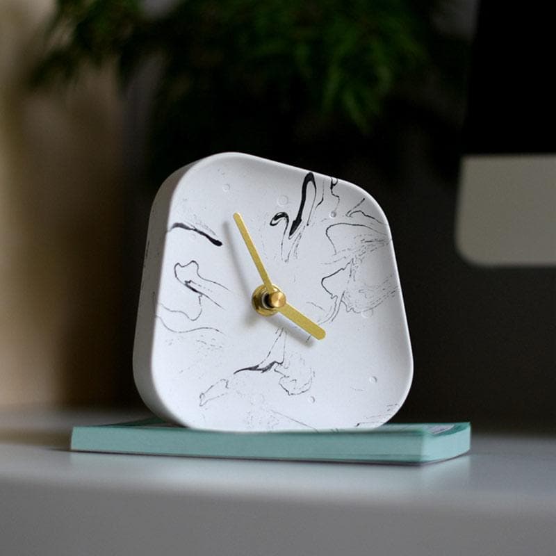 Ceramic Table Clock with Gold Handle and Marble Material for Office and Room White MArble