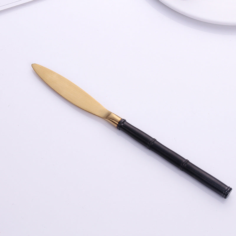 Gold Matte Black Bamboo Handle Retro Flatware in Cutlery Set