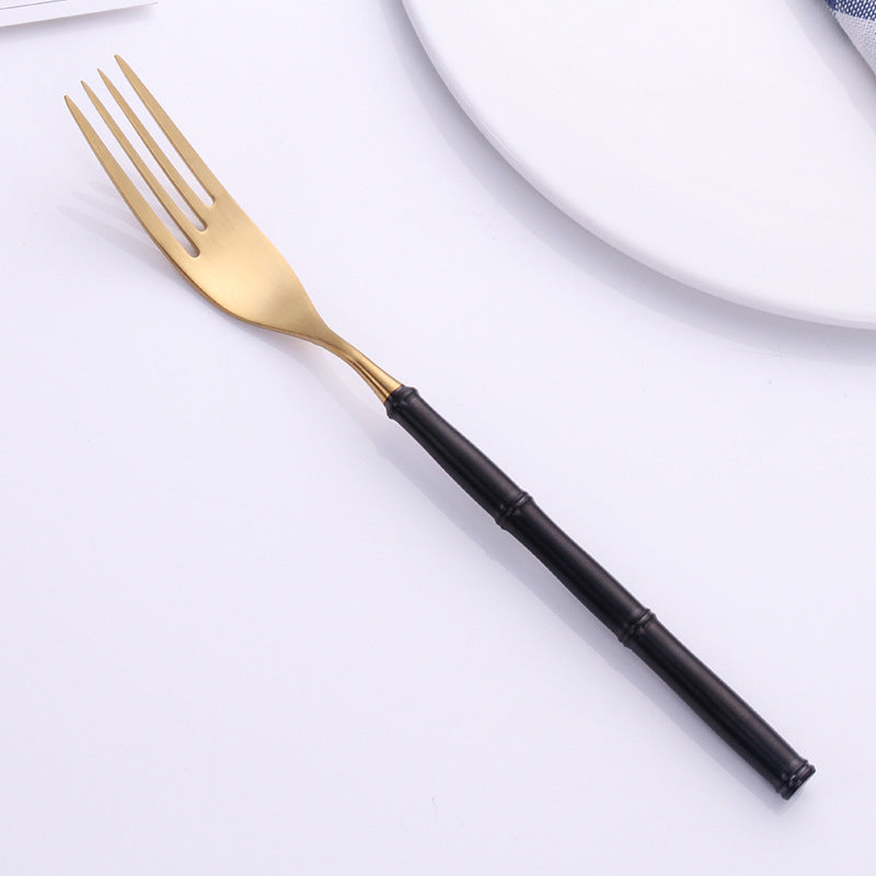 Gold Matte Black Bamboo Handle Retro Flatware in Cutlery Set Matte Flatware in Cutlery Set