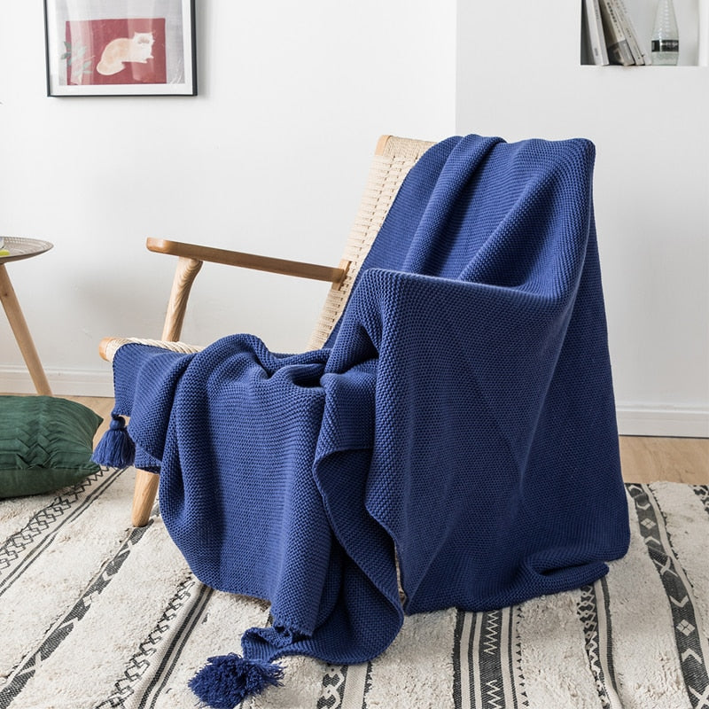 Acrylic Royal Blue Tassel Edges Knitted Throw Blanket