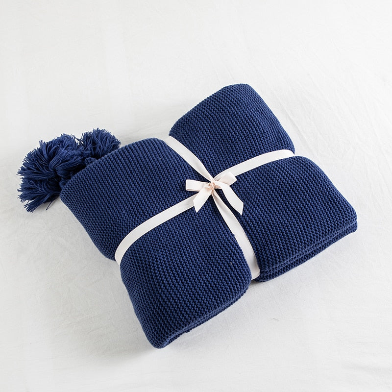 Acrylic Royal Blue Tassel Edges Knitted Throw Blanket