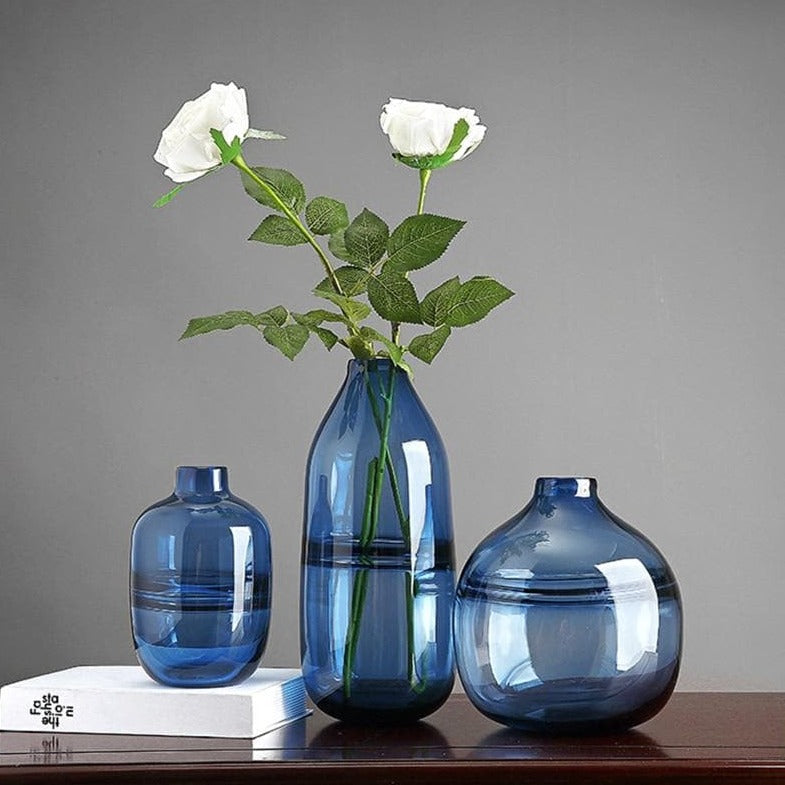 Modern Blue Glass Vase and Bottles for Office & Room Decor