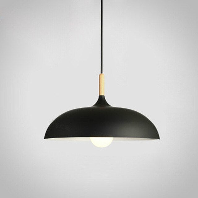 flat dome Aluminum lampshade with Wood detail black pendant light