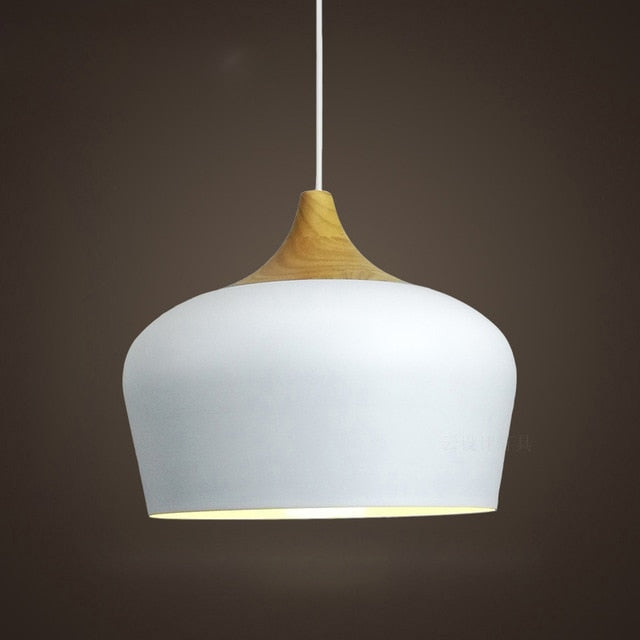 flat dome Aluminum lampshade with Wood detail pendant light
