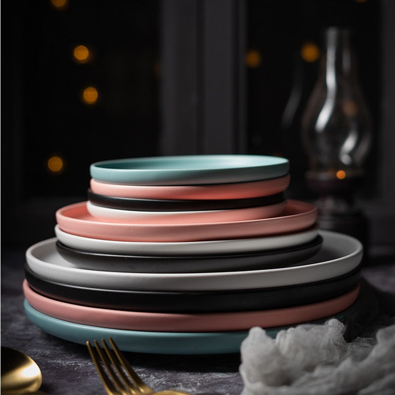 Pink White Blue Black Round Luxurious Solid Flat Dinner Plate