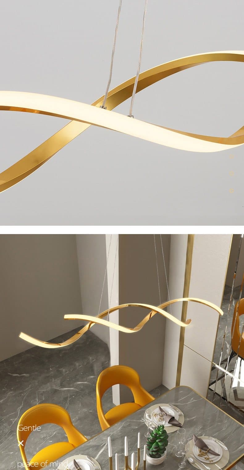 Modern Art Wavy Pendant light in Metal and LED Bulbs Gold
