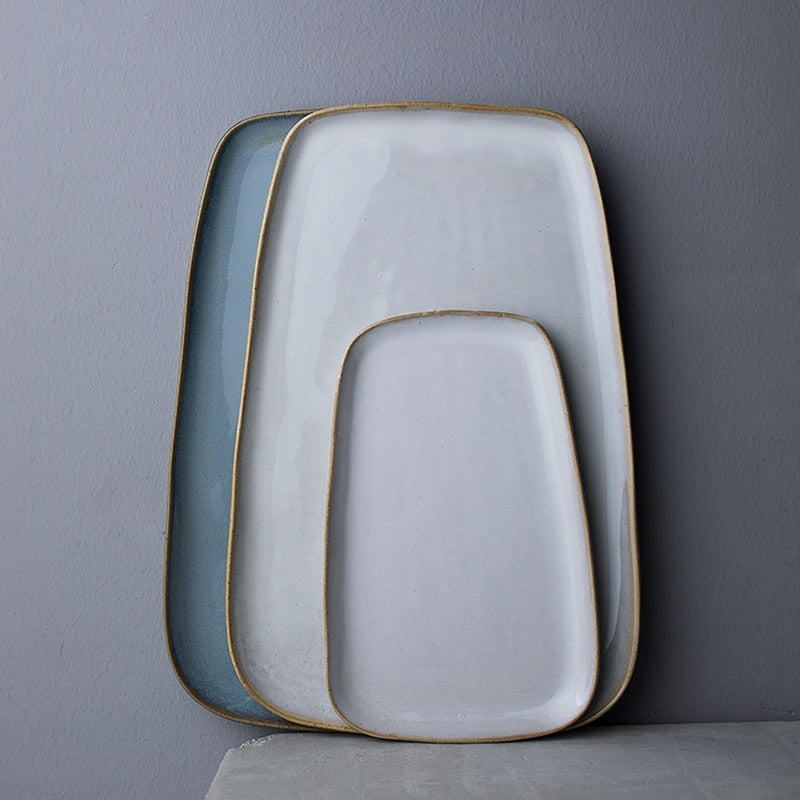 rectangle gold edge trimming white and gray ceramic serving plates