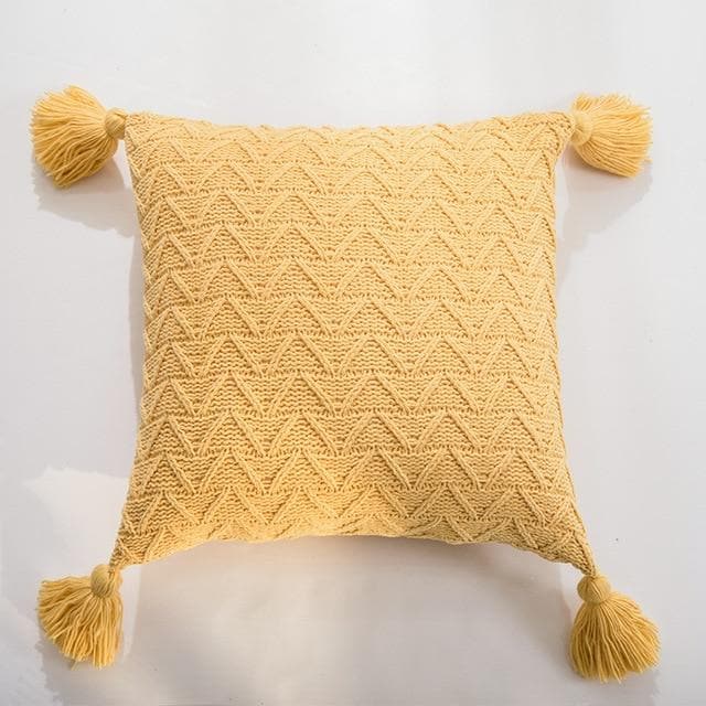 square Soft knit Chenille Chevron pattern with tassel yellow cushion cover