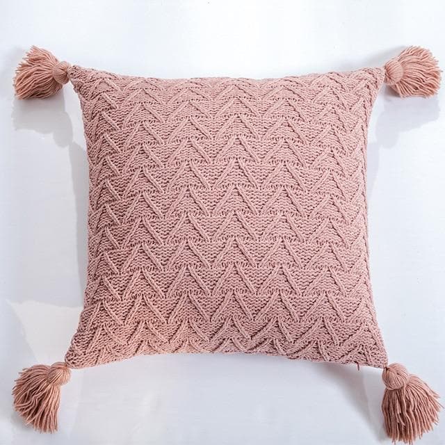 square Soft knit Chenille Chevron pattern with tassel pink cushion cover