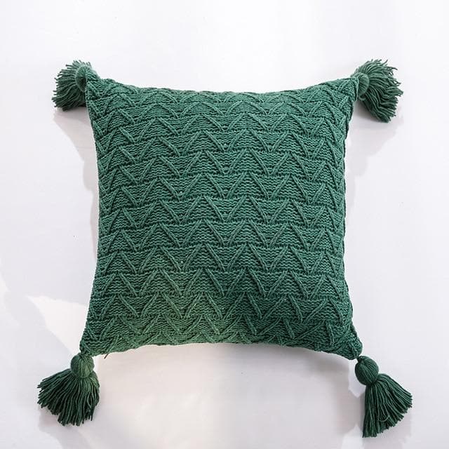 square Soft knit Chenille Chevron pattern with tassel green cushion cover