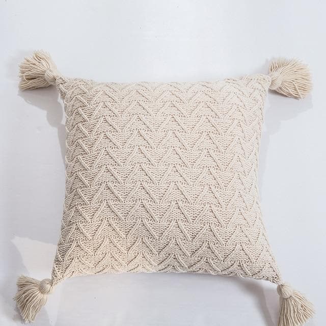 square Soft knit Chenille Chevron pattern with tassel white cushion cover