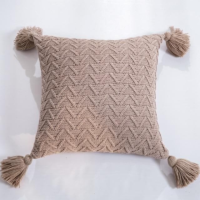square Soft knit Chenille Chevron pattern with tassel beige cushion cover