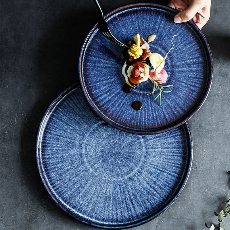 round ceramic porcelain cat's eye blue dish plate
