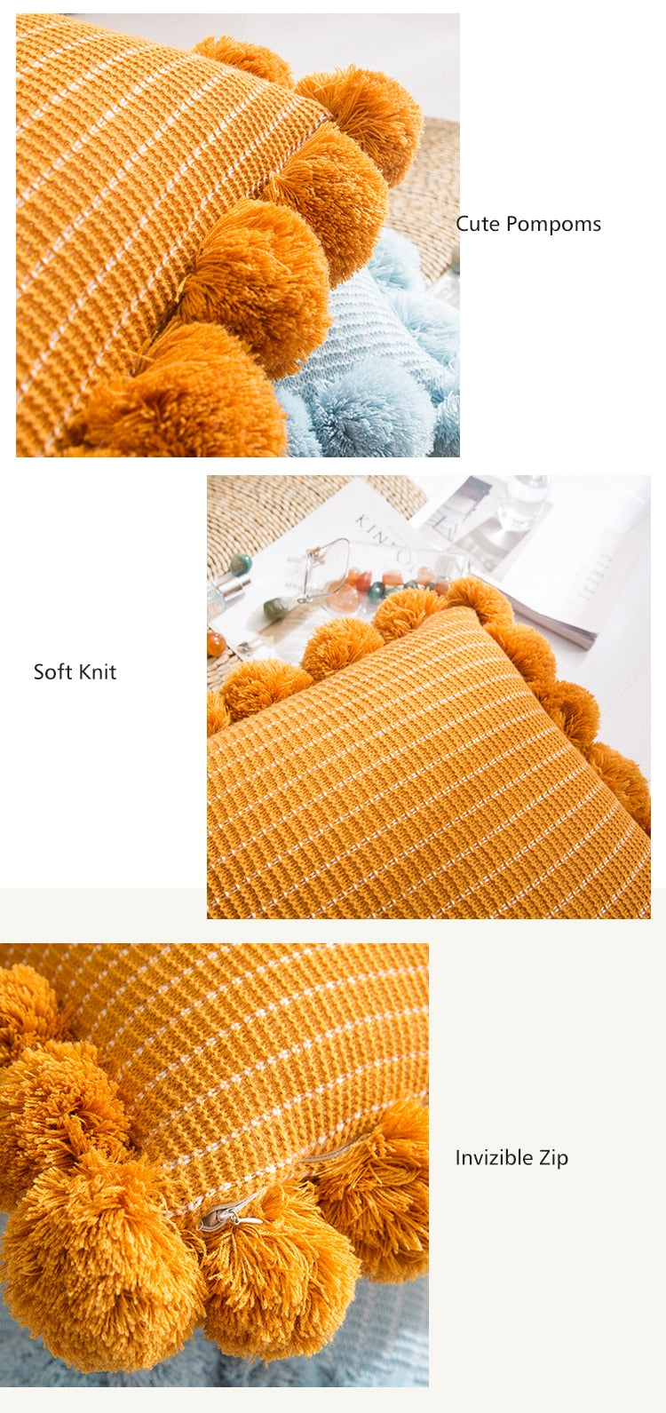 square cotton knitted fringed pompoms yellow cushion cover