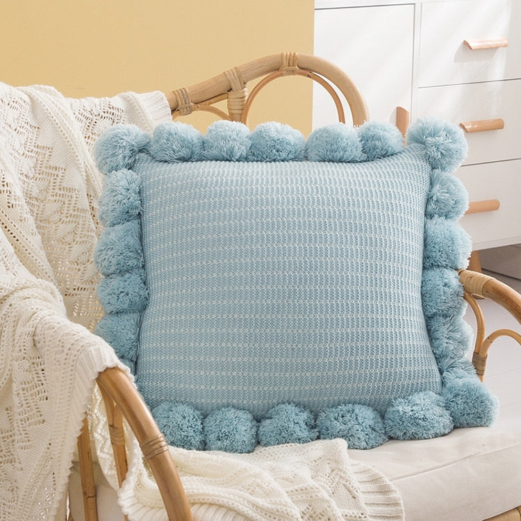 square cotton knitted fringed pompoms blue cushion cover