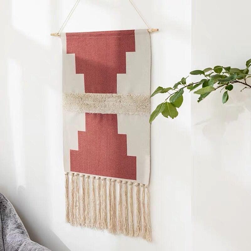 Wall Hanging tapestry with geometric designs, made of Woven cotton with tassel fringe and wooden hanging dowel