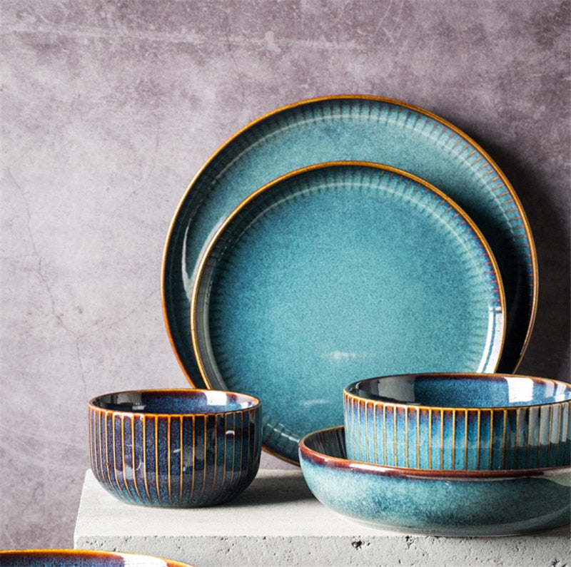 round ceramic porcelain kiln glazed blue cat eye tableware