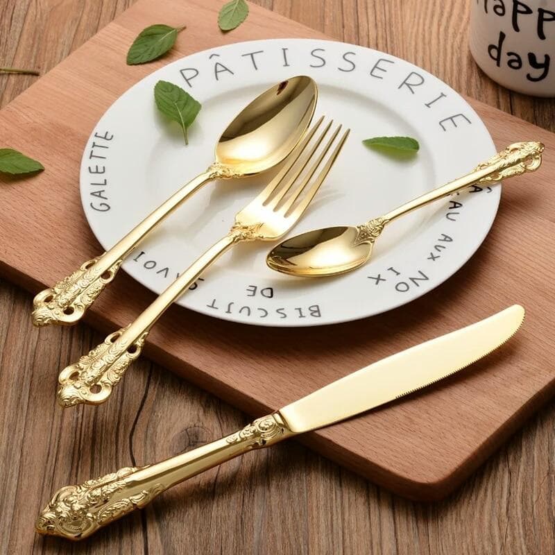 High Quality Vintage Gold Engraved 304 Stainless Steel Flatware 24Pc Set