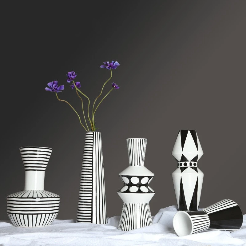 Ceramic Porcelain Black & White Geo Design Optic Art Deco Vase