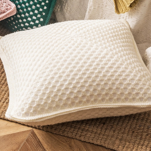 square crocheted see-through pattern fringed ends cream pillow case