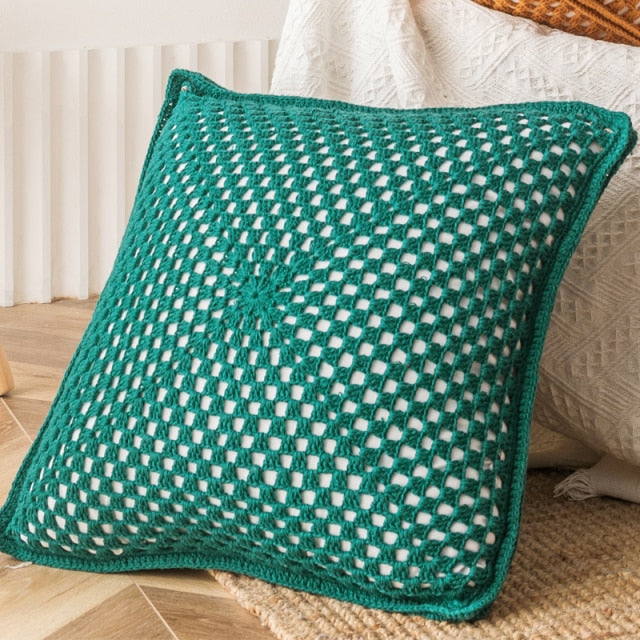 square crocheted see-through pattern fringed ends green pillow case