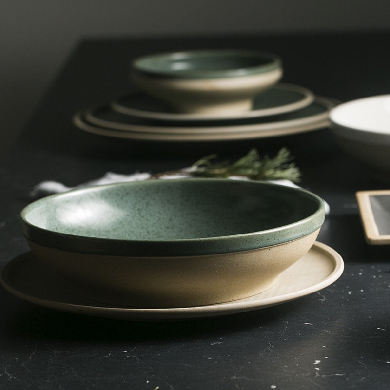 round ceramic green plate and bowl